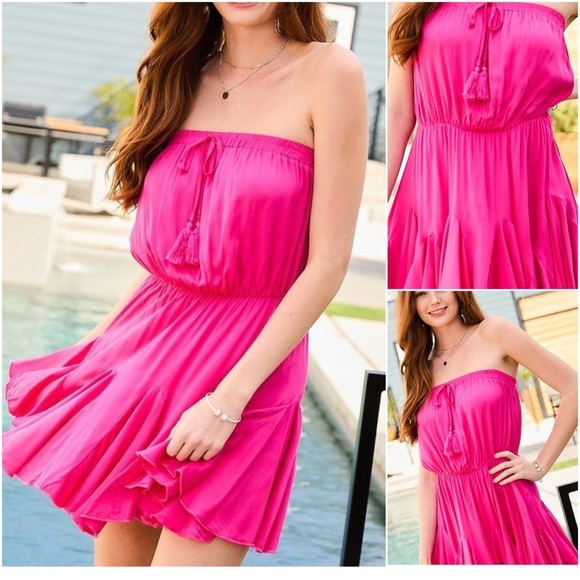 💞FABULOUS💞FUCHSIA STRAPLESS TUBE TOP FLOWY DRESS - Picture 2 of 5